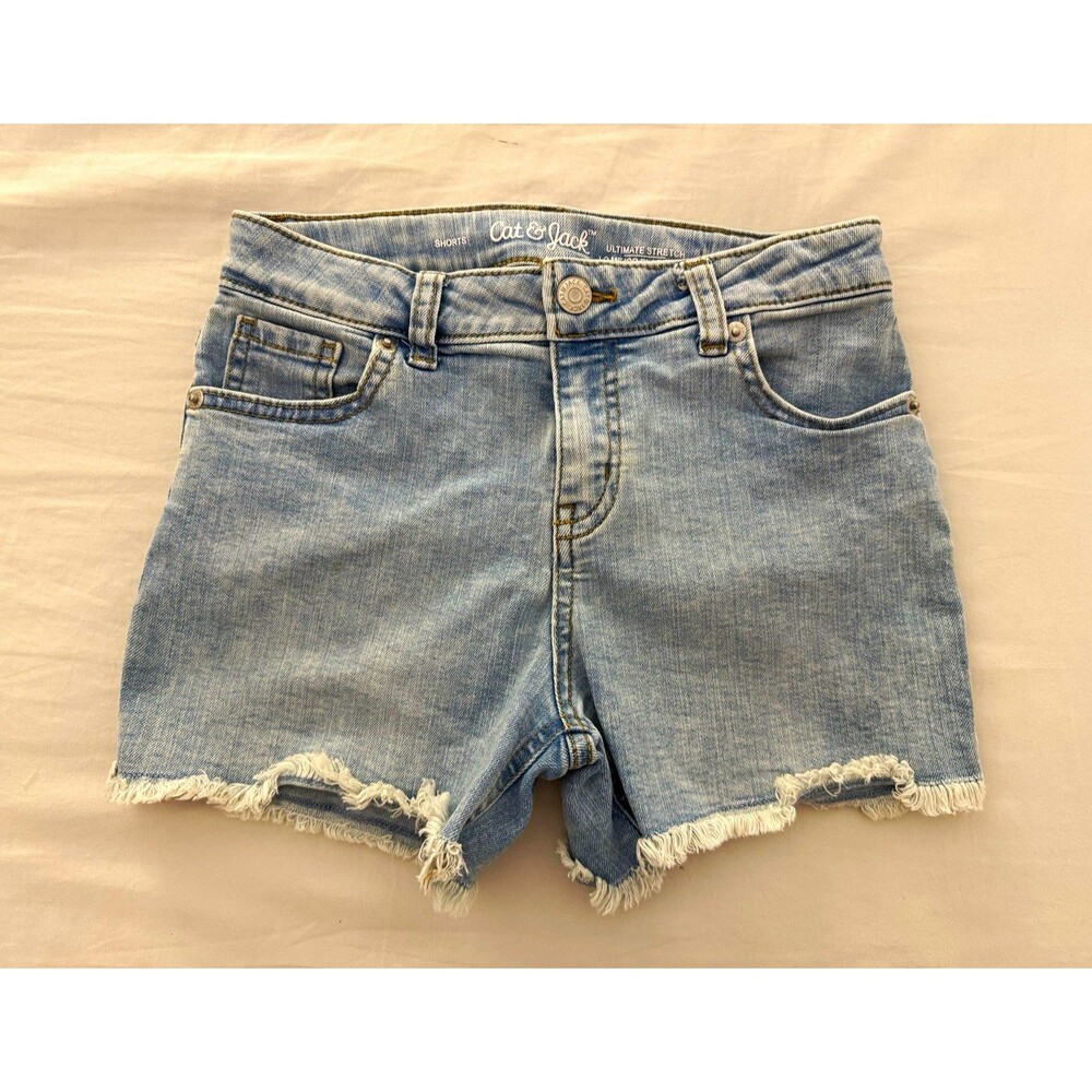Cat & Jack Girls Blue Light Wash Denim Cut-Off Shorts Stretch Pockets L 10/12